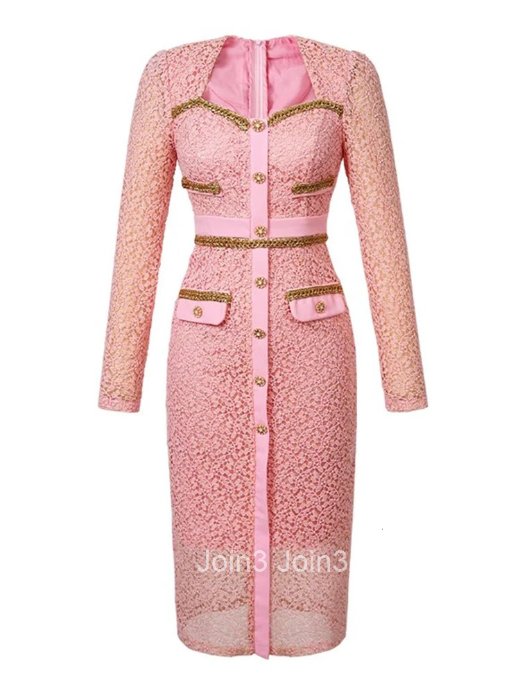 New Fashion Lace Pink Golden Shiny Silk Dresses For Women Mujer Ladies Elegant Luxury Sweet Square Collar Slim Dress Robe Femme