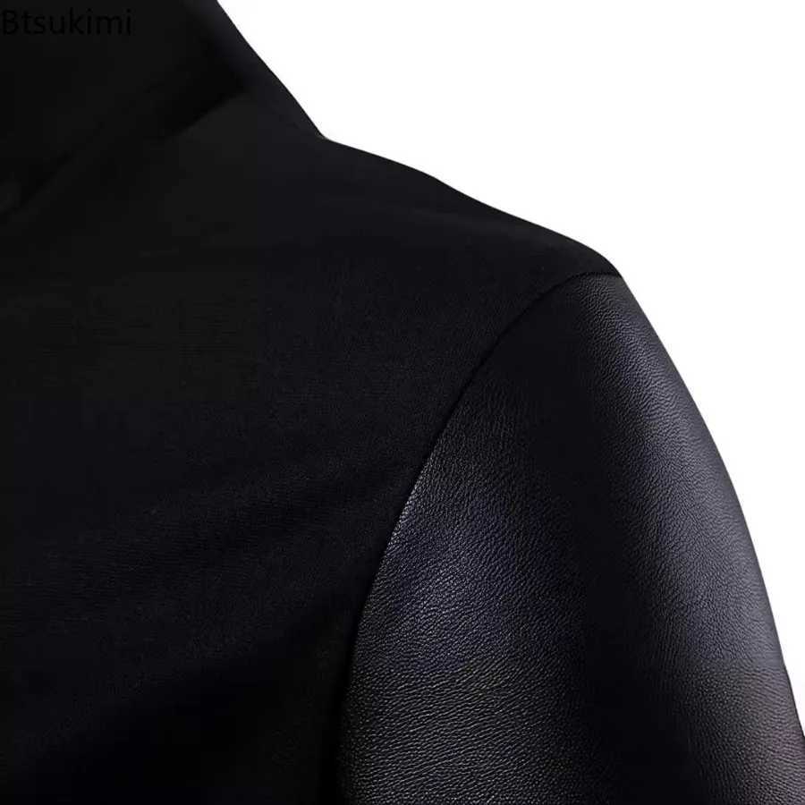 Fashion Stand Collar Leather Patchwork Knitted Jacket for Men Spring Autumn Punk Style Motorcycle Zip Coat Handsome Men Clothing W250623