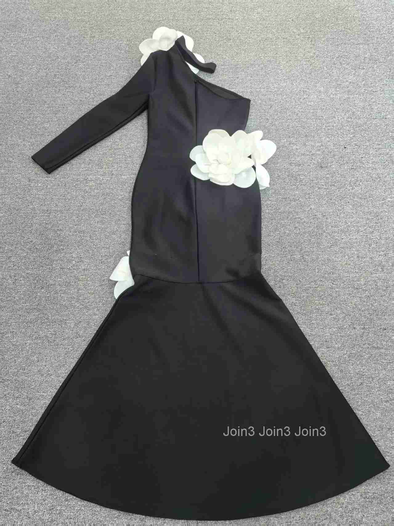 Womens Black A-Line Bandage Fit One Shoulder Mermaid Gown with Three Dimensional Floral Couture Applique Formal Evening Dress