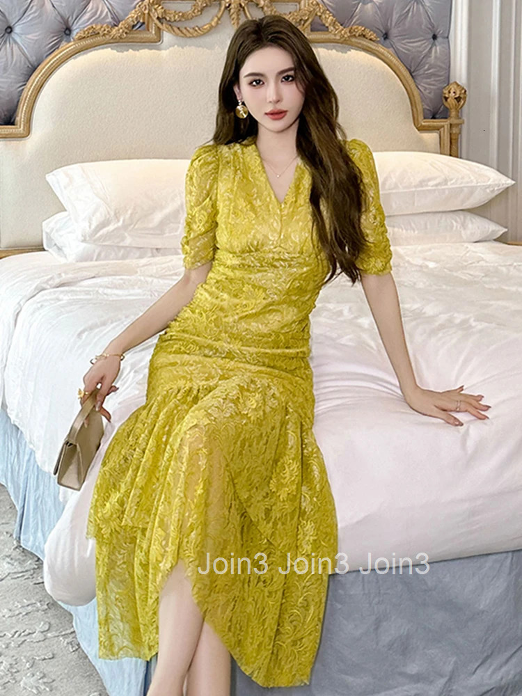 New Summer Fashion Lace Vacation Evening Long Dress Women Clothing Sweet V-Neck Folds Slim Party Prom Vestidos Fiesta Robe Femme