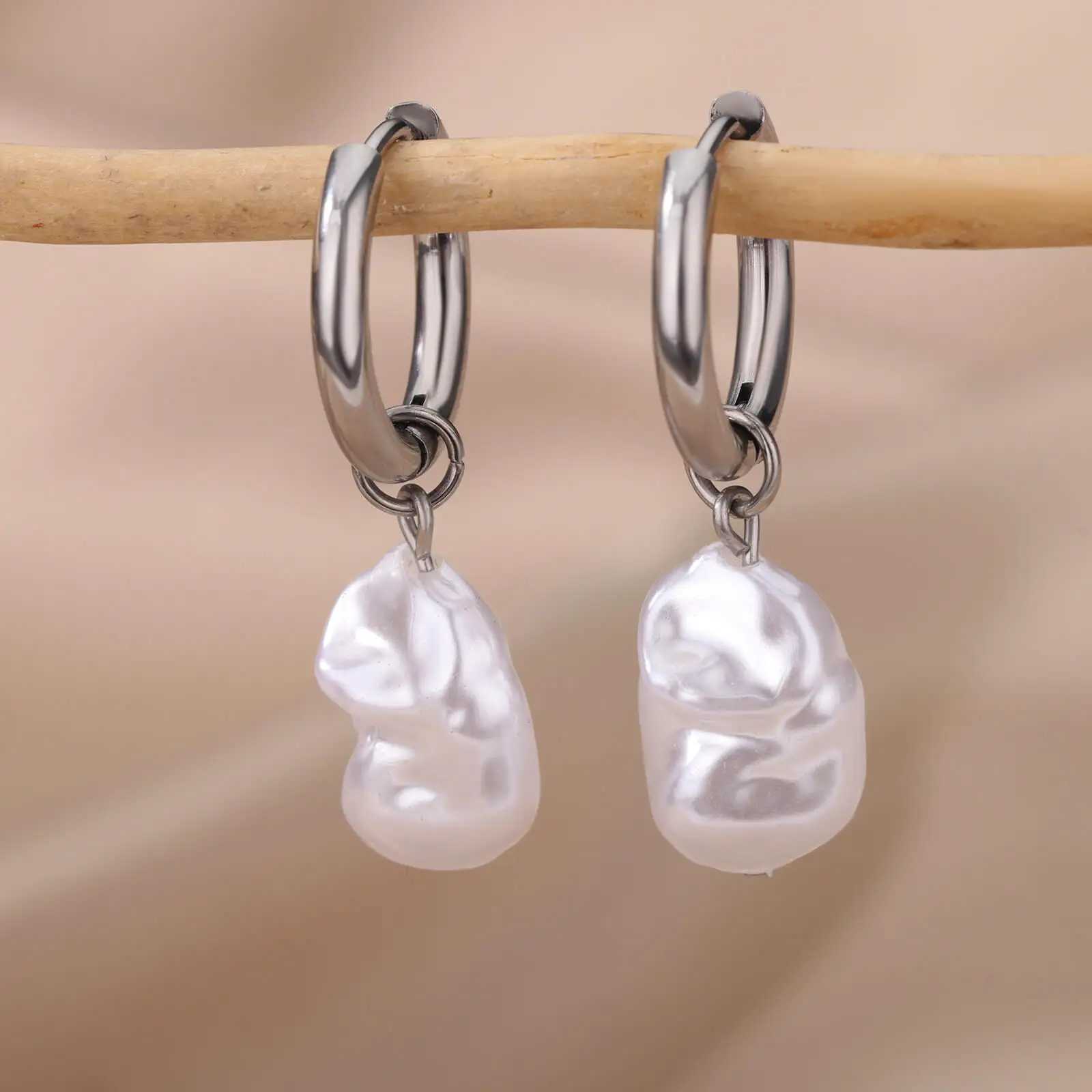 Baroque Pearl Earrings For Women Stainless Steel Water Droplet Silver Color Ring Drop Earring Wedding Party Jewelry Bijoux Femme XJ250623