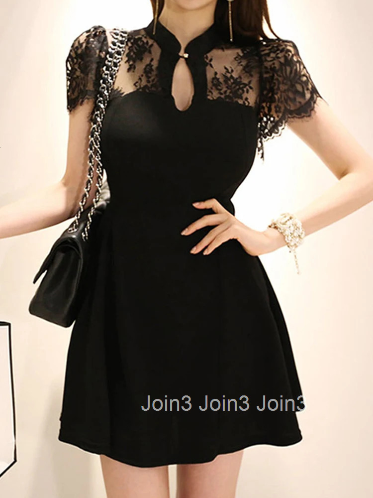 Korean Elegant Women Evening Dress Lady Black Retro Sexy Hollow Lace Sheer Slim Mini Gown Party Club Femme Mujer Vestido Summer