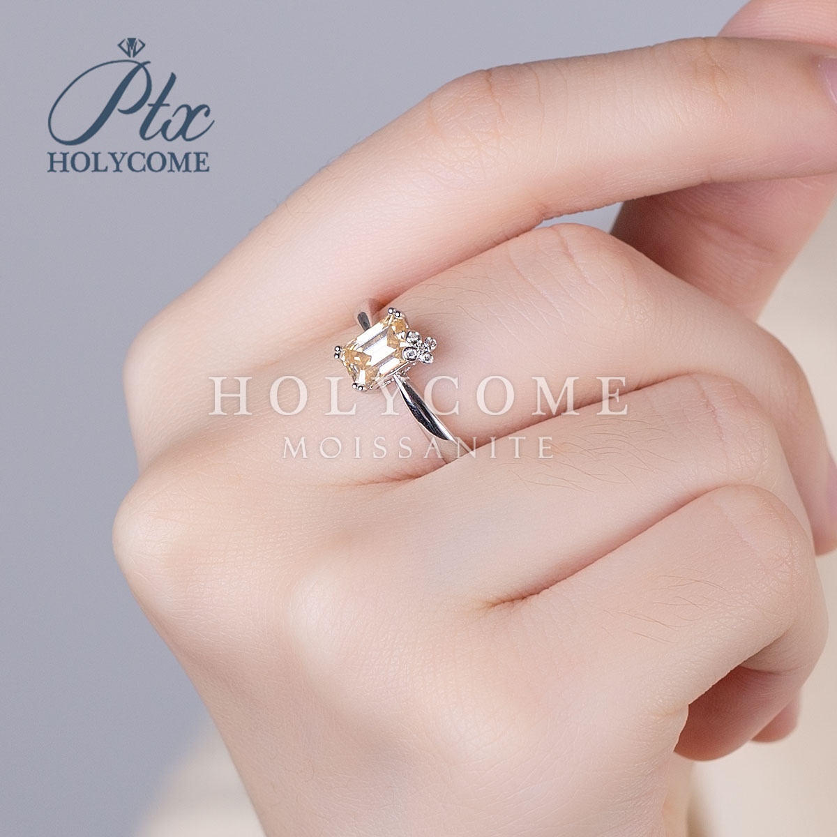 Wholesale Jewelry Rings Champagne Color 1ct Four-Claw Square Emerald Cut Moissanite 925 Sterling Silver Solitaire Wedding Ring for Woman