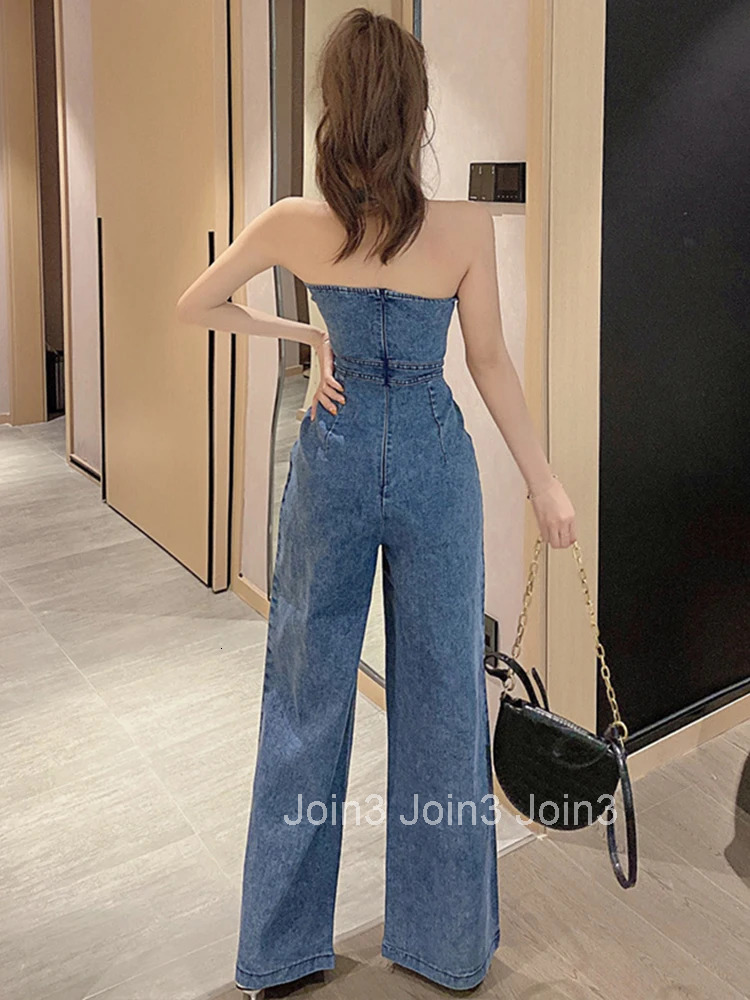 Fashion Summer One Piece Jumpsuit For Women Denim Retro Sexy Halter Sleeveless Femme Mujer Wide Leg Loose Rompers Street Clothes