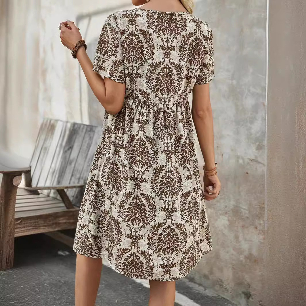 X623Ladies summer new fashion print V-neck short sleeve loose midi dress