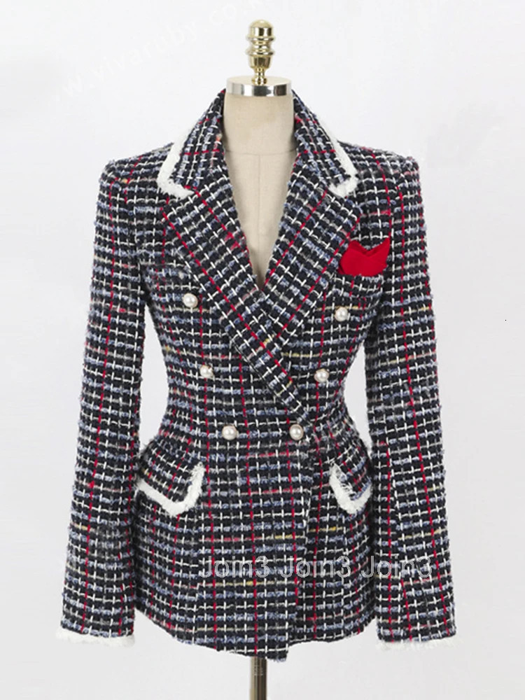 Fashion Elegant Women Tweed Outwear Casual Retro Plaid Double Breasted Pearl Button Lady Femme Mujer Autumn Winter Coat Jacket