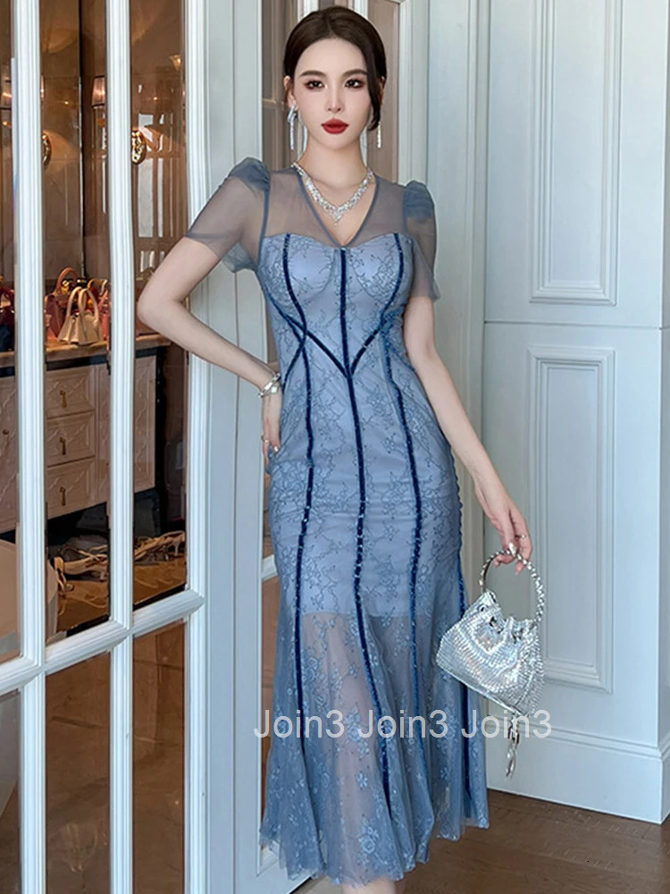 Fashion Lace Summer Evening Long Dress Women Elegant Sweet Sexy V-Neck Wrap Hip Skinny Midi Party Prom Robe Femme Mujer Vestidos