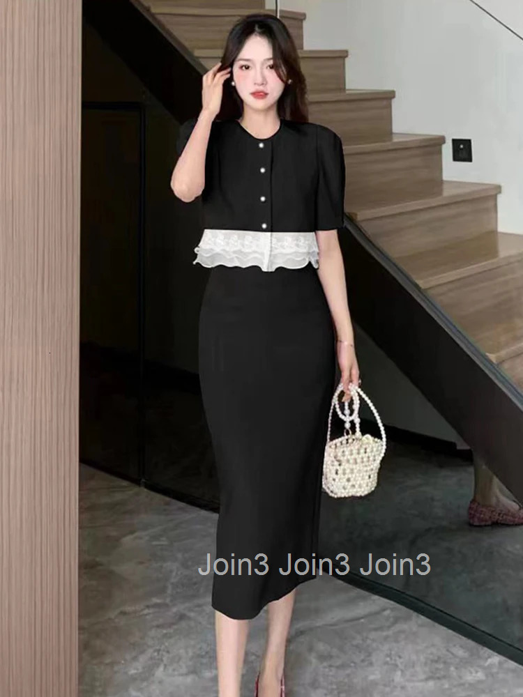 Fashion Summer Formal 2 Pieces Outfits Elegant Women Short Sleeve Cropped Tops Shirt Blouse High Waist Midi Skirt Mujer Slim Set