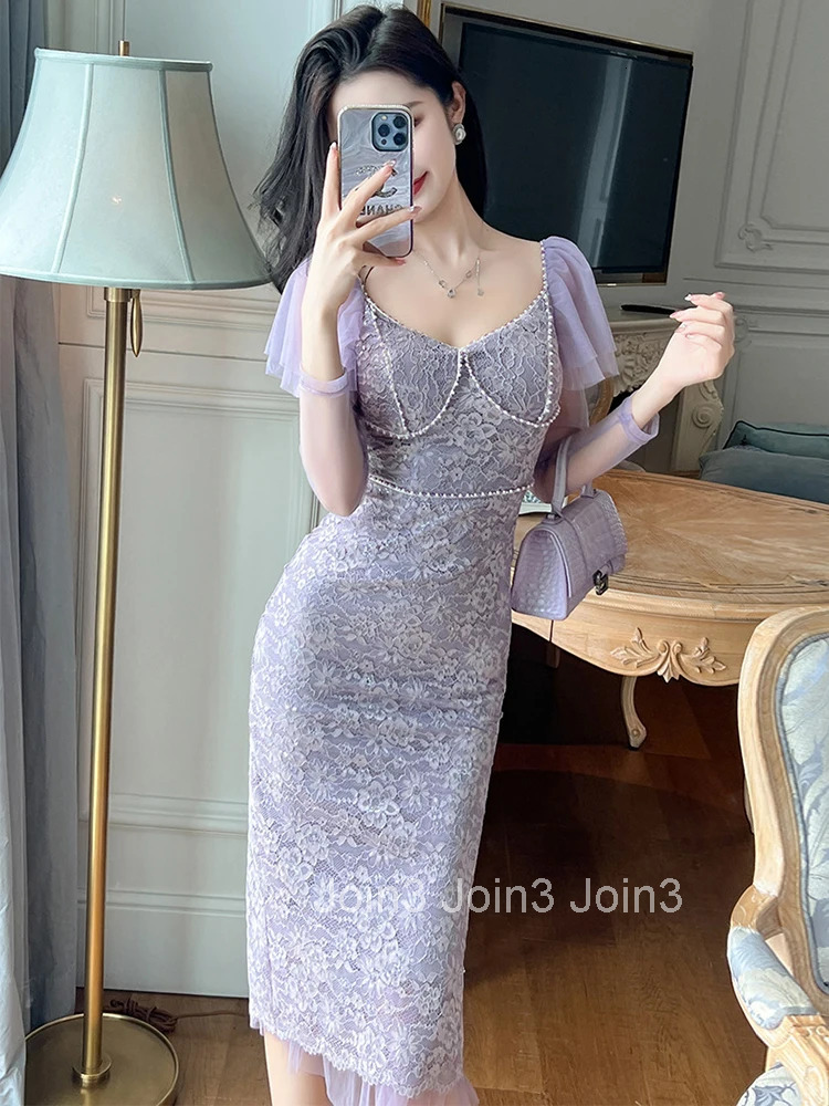 Fashion Spring Autumn Purple Lace Long Skinny Evening Dress Women Clothing Chic Sweet Slim Midi Prom Robe Mujer Ladies Vestidos