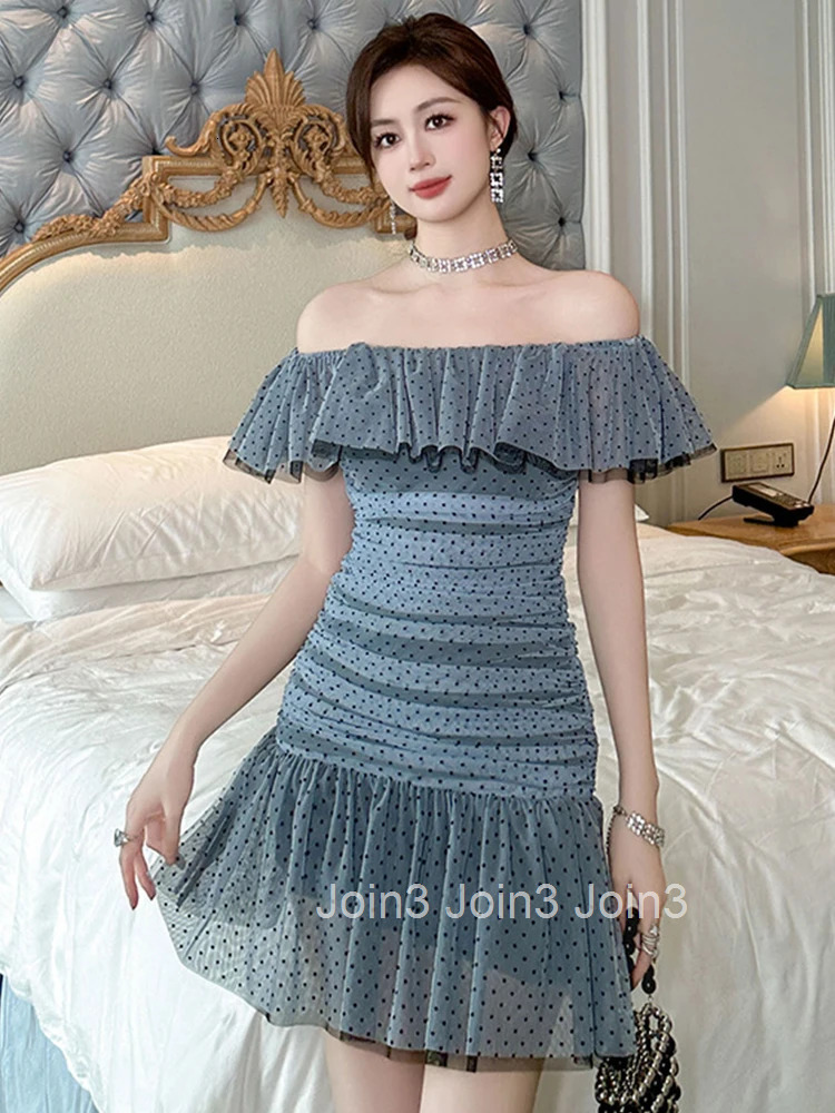 Summer Sweet Vacation Holiday Short Dress Women Clothes Elegant Ruffle Sexy Off-Shoulder Folds Bodycon Party Birthday Vestidos