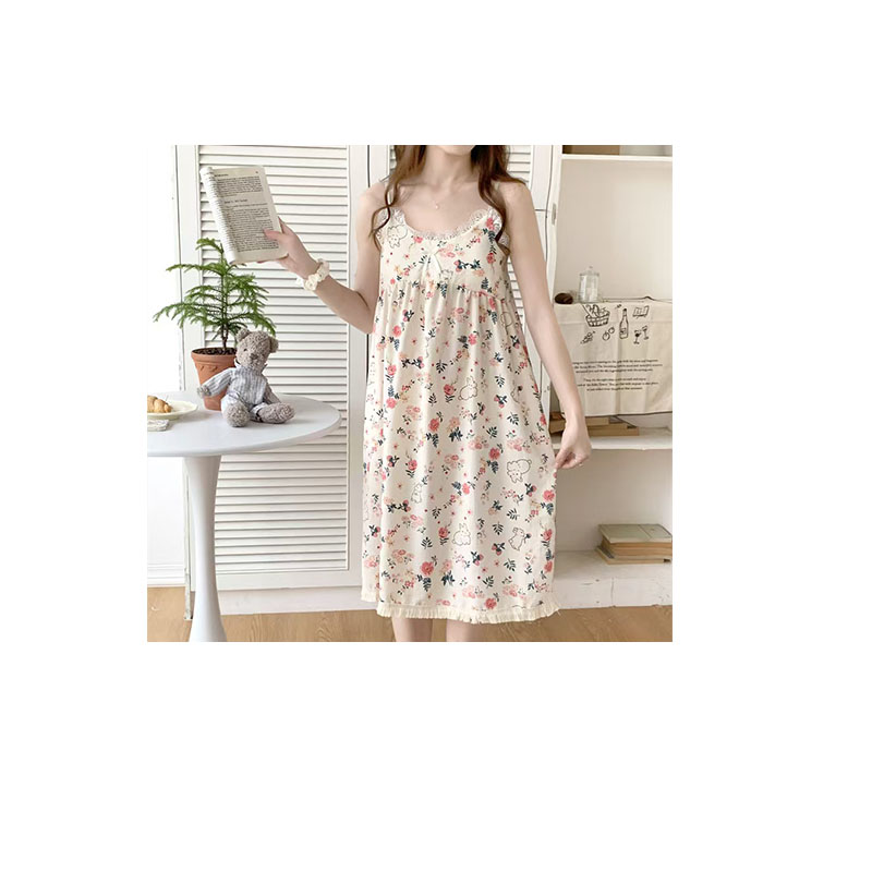 2025 women's models spring and summer sweet ins style halter mid-length loose nightgown female home dressred Kingfisher Rabbit