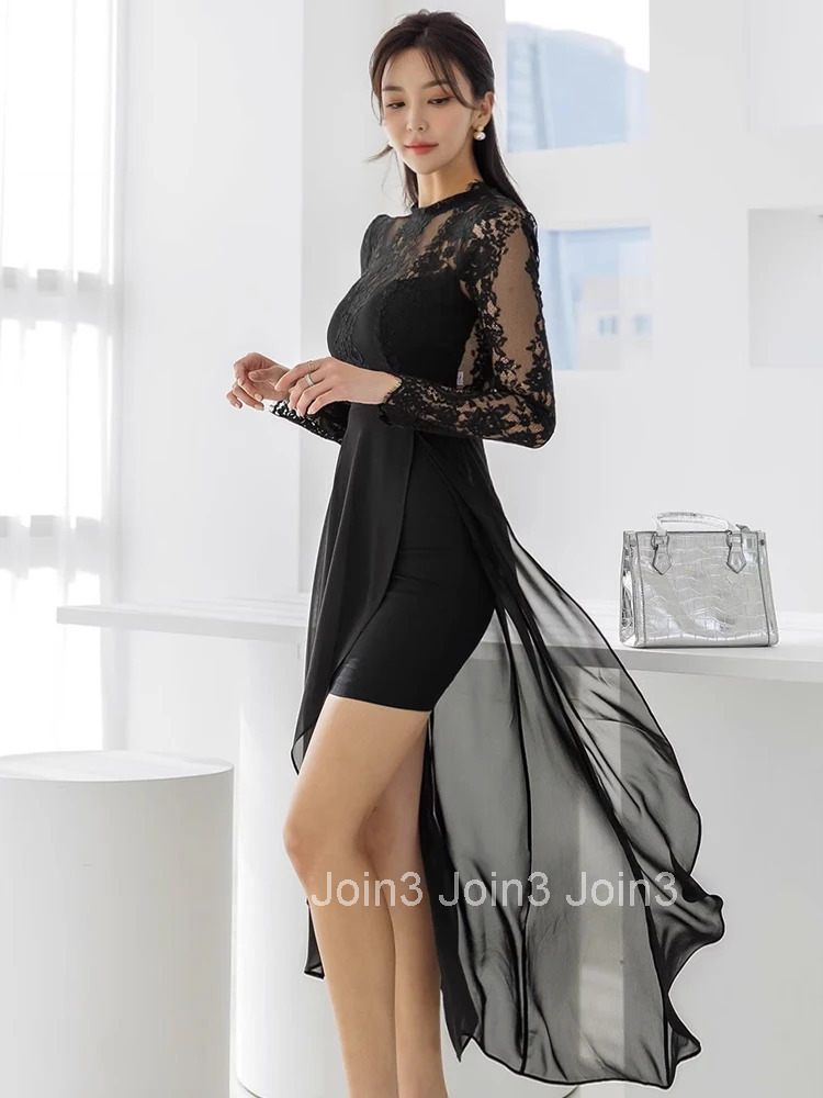New Fashion Lady Black Evening Dress Women Clothes Elegant Lace Sheer Sexy O-Neck Slim Maxi Party Prom Vestidos Robe Femme Beach