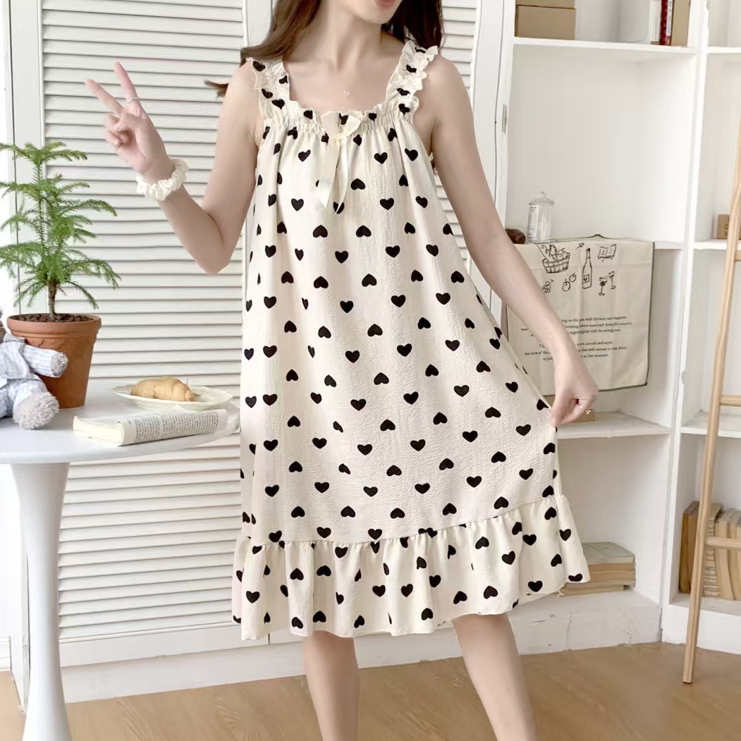 2025 women's models spring and summer sweet ins style halter mid-length loose nightgown female home dress black