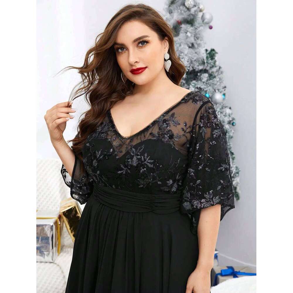 Mgiacy Plus Sizev-Neck Sequin Embroidered See-Through Large Trumpet Sleeve Patchwork Chiffon Full Skirt Evening Gown Ball Dress