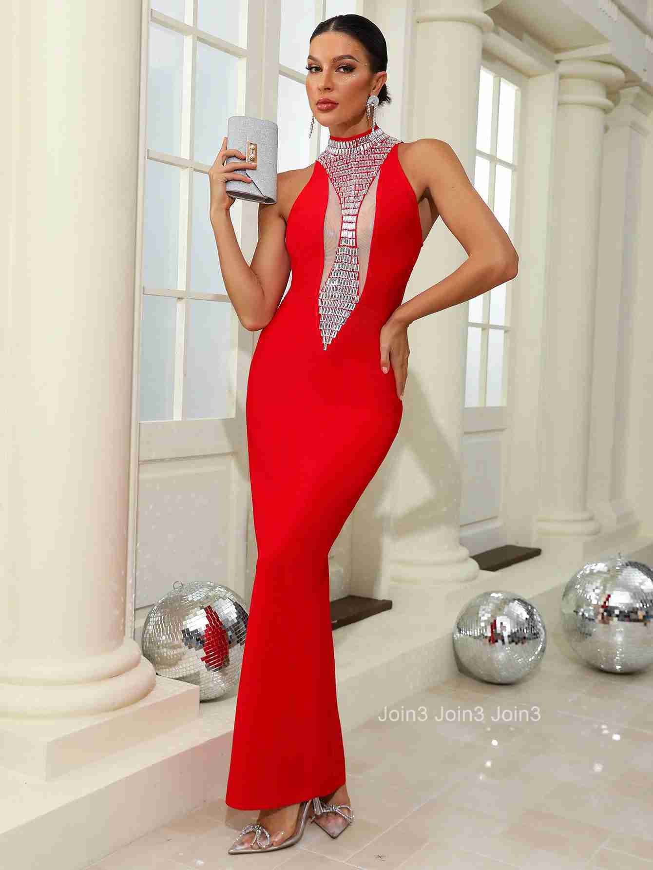 Fashion Celebrity Womens Clothing 2 Colors Sleeveless Diamond-encrusted Bandage Dress Chic Christmas Evening Party Long Skirt