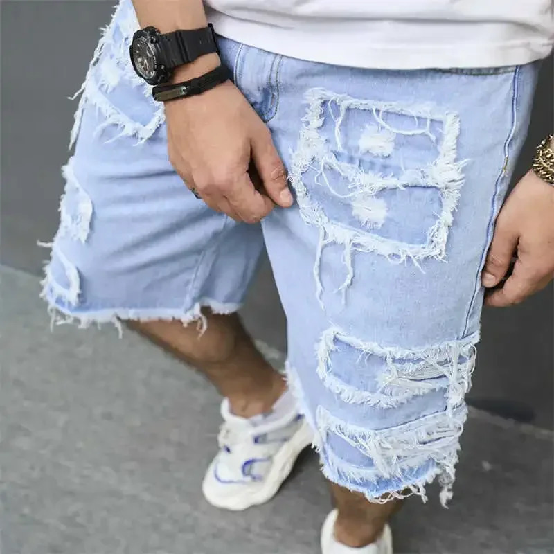 Denim Hole Knee Length Men Washed Jean Mid Waist Spliced Ripped Pockets Loose Fit Distressed Straight Pants 2025 Casual Shorts 250618