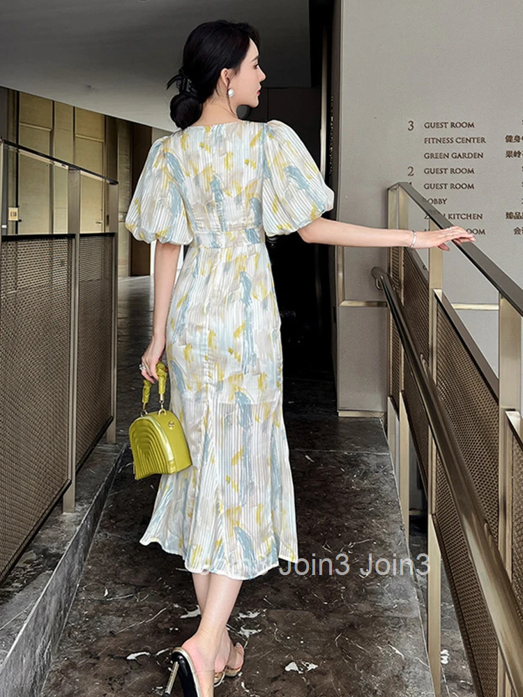 Satin Elegant Women Evening Dress Sheer Puff Sleeve Mermaid Midi Party Gown Robe Femme Ropa Mujer Verano Vestidos High Quality