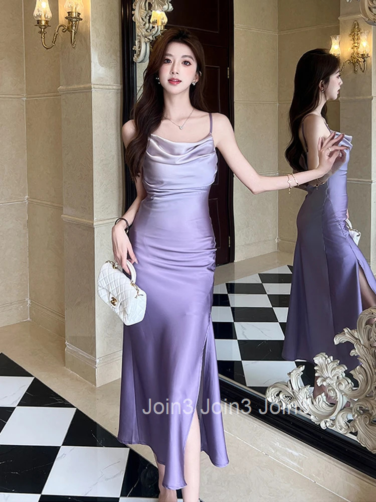 Women Vacation Clothes Purple Sexy Sling Slim Midi Fishtail Dress Elegant Fashion Party Prom Vestidos Fiesta Robe Casual Summer