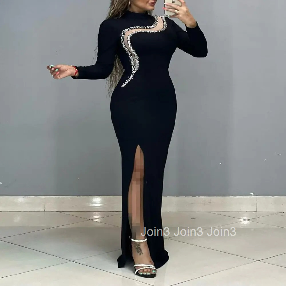 Bandage Dress For Women Black Elegant Long Sleeve Autumn/Winter Sexy Gauze Splicing Diamond Embelling Slit Evening Party Gown