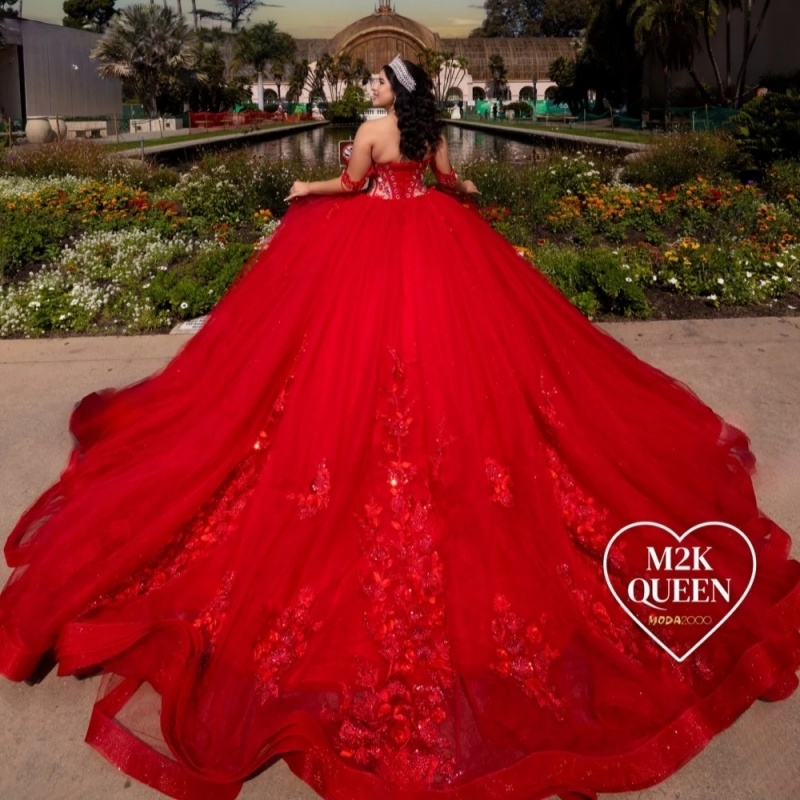 Luxury Red Shiny Ball Gown Quinceanera Dresses Lace Applique Crystal Beaded Tull Corset Sweet 16 Dress Vestidos De 15 Anos