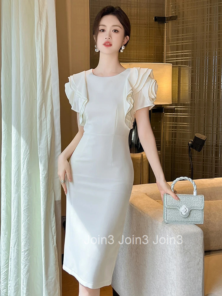 New Black Elegant Formal Occasion Pencil Dress Women Elegant Office O-Neck Ruffle Sleeve Slim Party Prom Vestidos Street Clothes