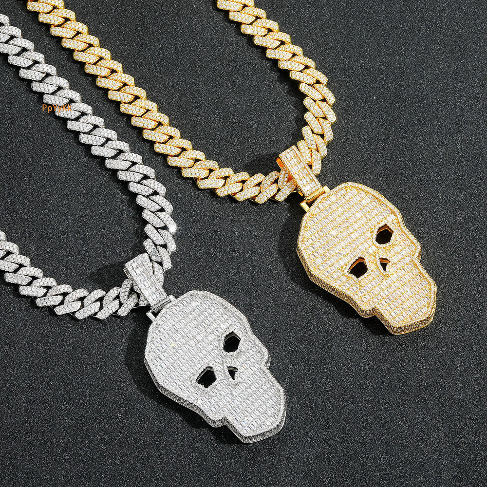 New Arrival Skull Head Iced Out Pendant Men's Hip Hop Street Style Moissanite Necklace druzy jewelry Pass the diamond tester