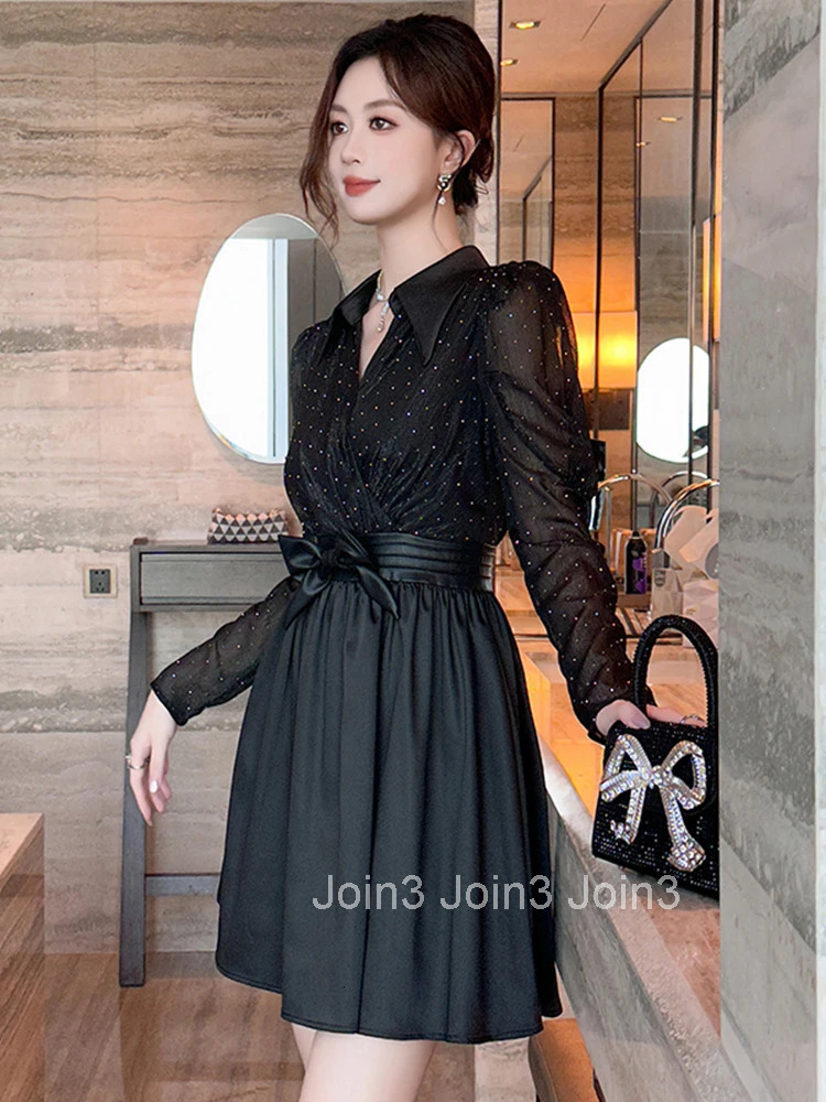 Autumn Casual Black Fake 2 Pieces Shirt A-Line Short Dress Women Clothes Elegant Sweet Bow Sexy Lapel Puff Sleeve Slim Vestidos