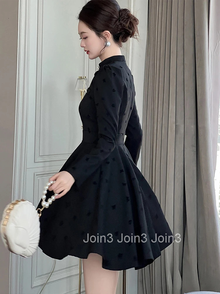 Women Clothes Black Embroidery Stand Neck Slim A-Line Mini Short Dress Elegant Fashion Party Vestidos Casual Formal Occasion New