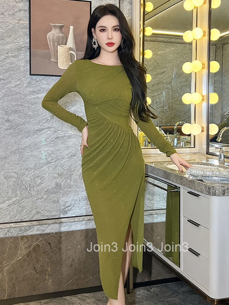 New Fashion Lady Mesh Elegant Sequin Long Asymmetrical Dress Women Stretchy Clothing Sexy O-Neck Folds Party Prom Robe Vestidos