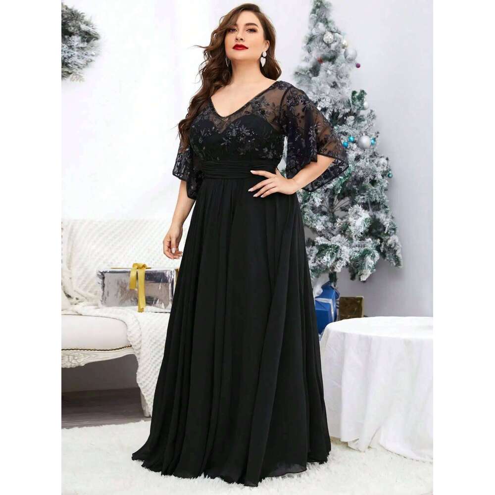 Mgiacy Plus Sizev-Neck Sequin Embroidered See-Through Large Trumpet Sleeve Patchwork Chiffon Full Skirt Evening Gown Ball Dress