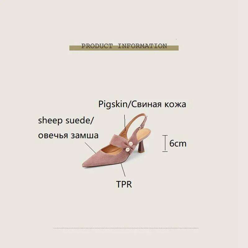 NEW Summer Sheep Suede Leather for Women Pointed Thin Heel Shoes Cover Toe Slingback Shoe Pearl Sandals