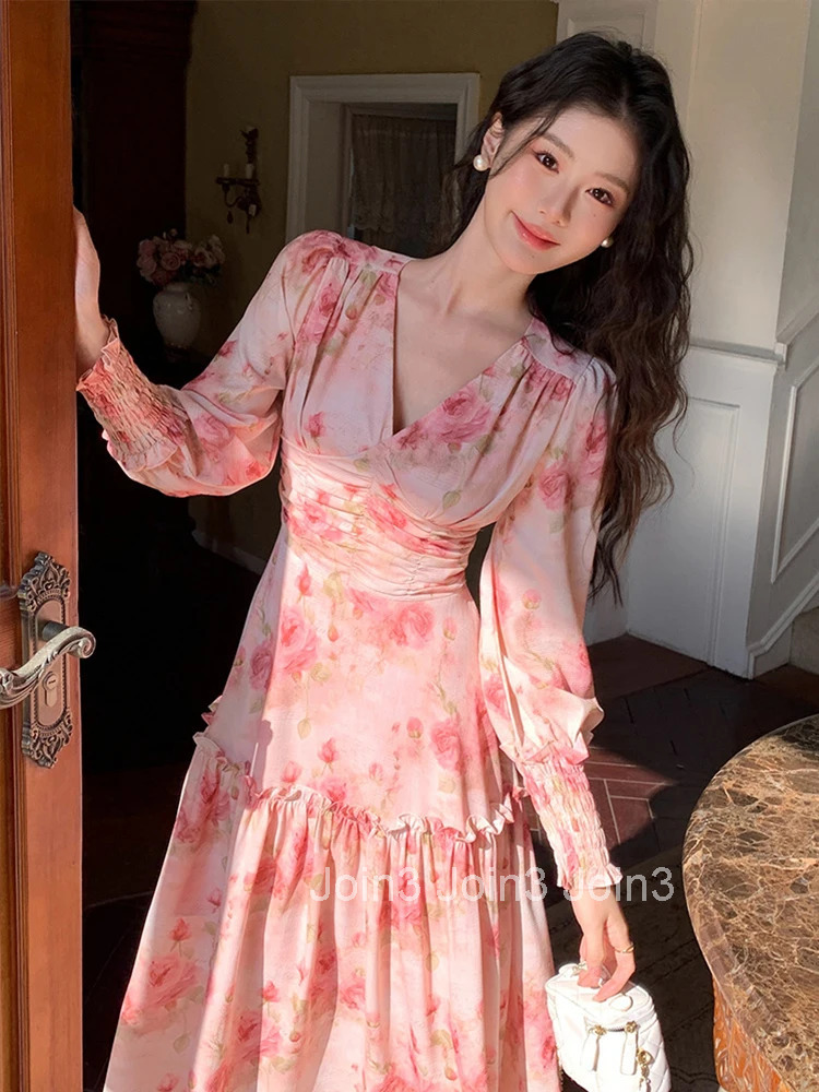 French Romantic Flowers Printed Holiday Dress Women Style Elegant Pleated Ruffle Swing Long Robe Female Vacation Beach Vestidos