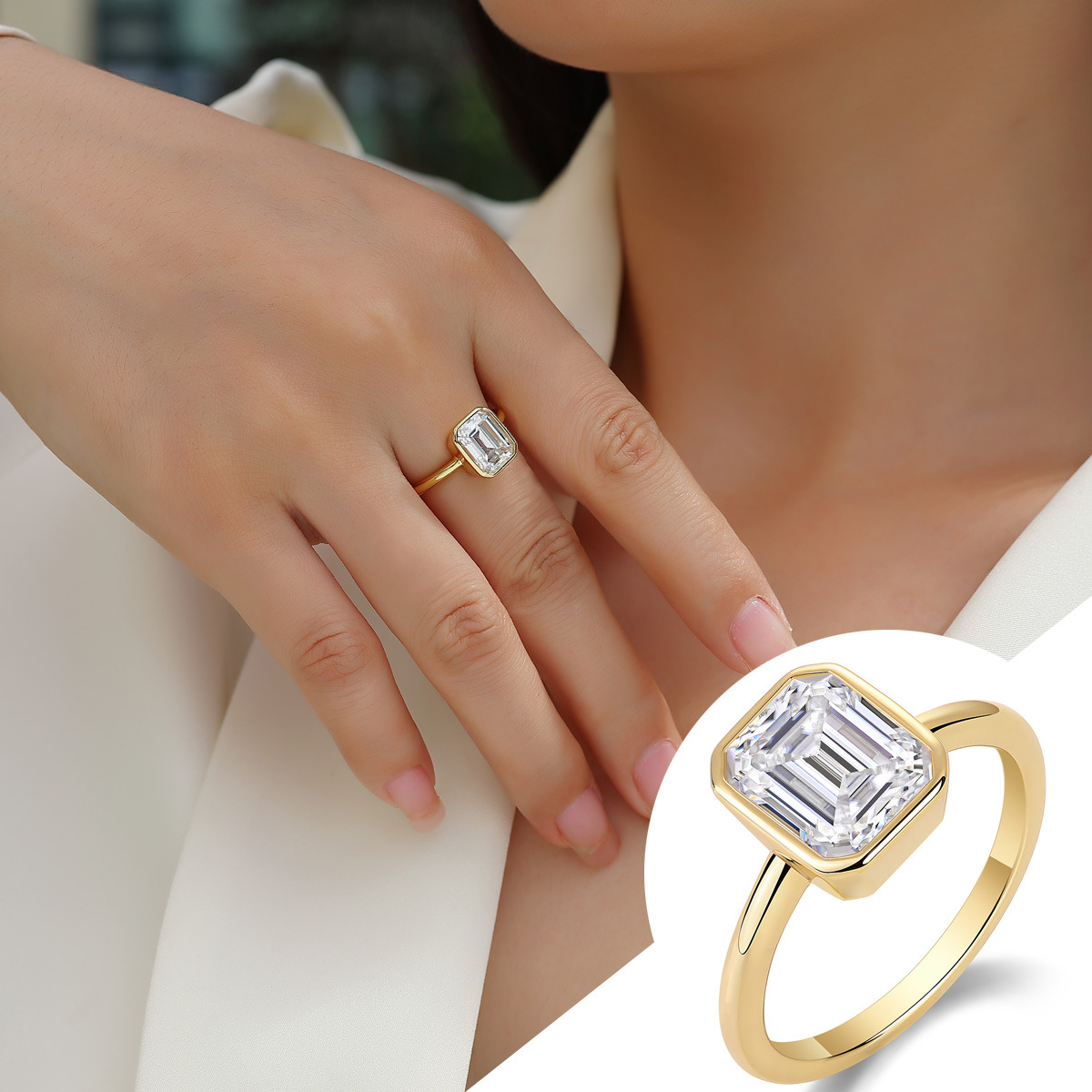 3ct Emerald Cut Moissanite Engagement Ring D Color VVS1 18K Gold Plated Band Modern Minimalist Bezel Set Design