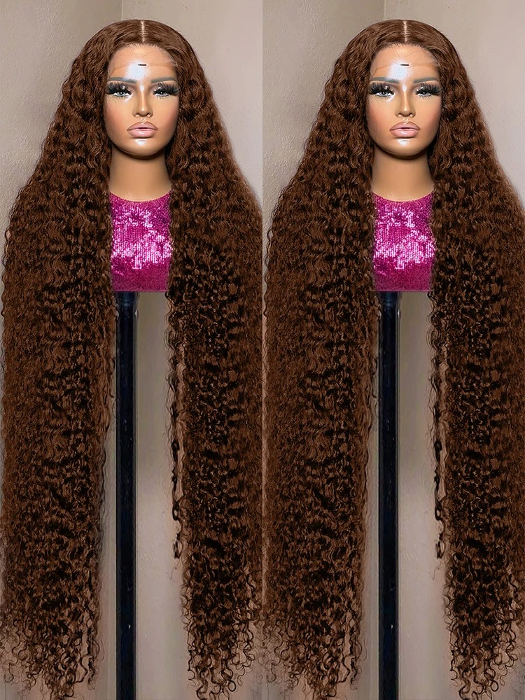Chocolate Brown Water Curly Wigs 13x4 13x6 HD Lace Frontal Wig 30 34 Inch Deep Wave Colored Human Hair Wigs For Women 250 Density Synthetic