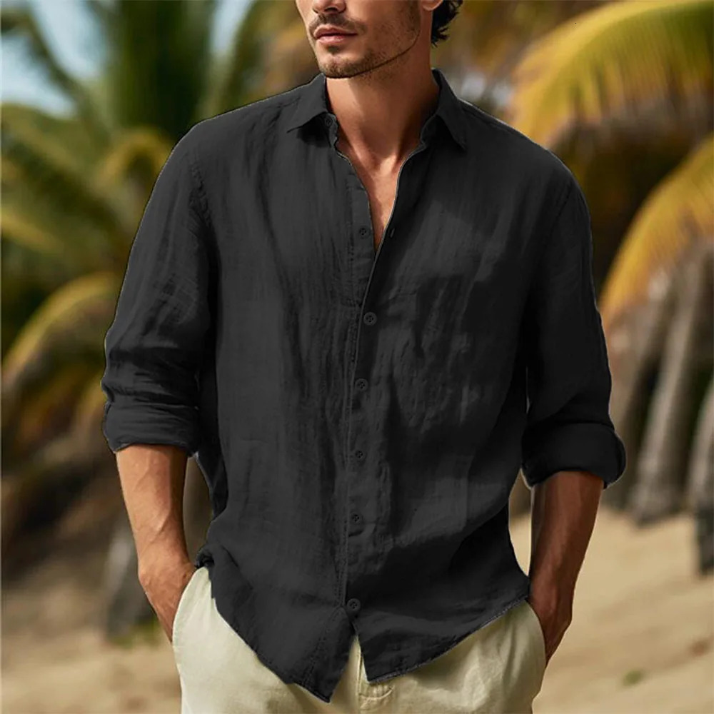 Mens Cotton Linen Shirts Turn Down Collar Solid Hawaiian Shirt Lightweight Breathable White Shirt Casual Large Size Streetwear 250618