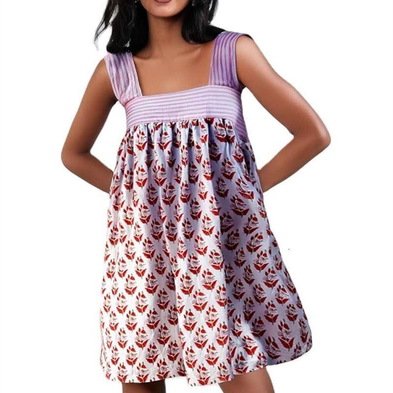 Strap Tie French Style Floral Loose Casual Short Ruched Square Neck Dress B5