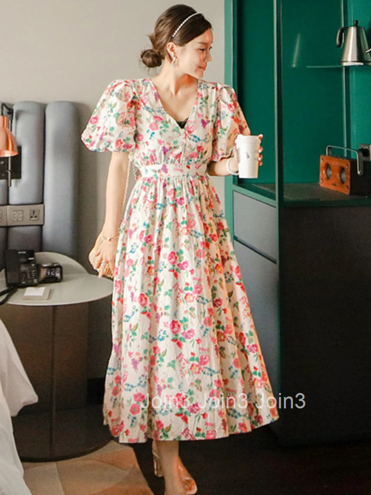 Korean Summer Elegant Women Long Dress Mujer Floral Print Puff Sleeve Maxi Dresses Party Beach Ladies Streetwear Robe Vestidos