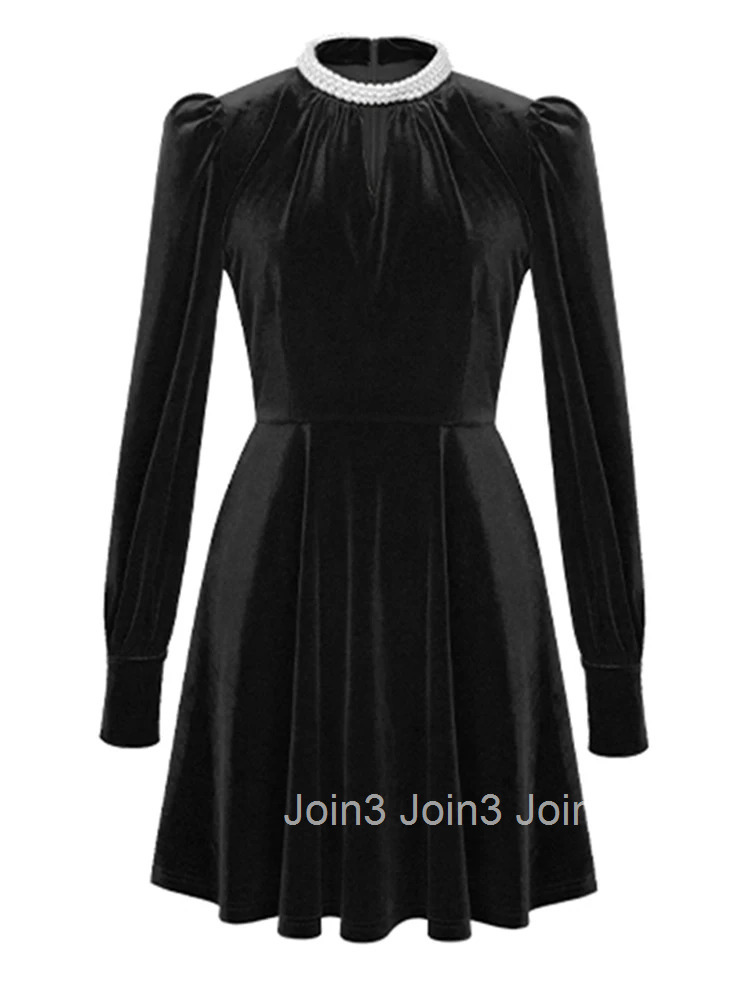 Autumn Winter Fashion Casual Black Velvet Pearl A-Line Short Dress Women Clothes Elegant Vintage Puff Sleeve Slim Party Vestidos