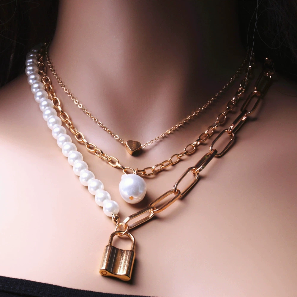 Chic Womens Vintage Style Heart Pendant Necklace Trio Featuring Layered Baroque Pearls