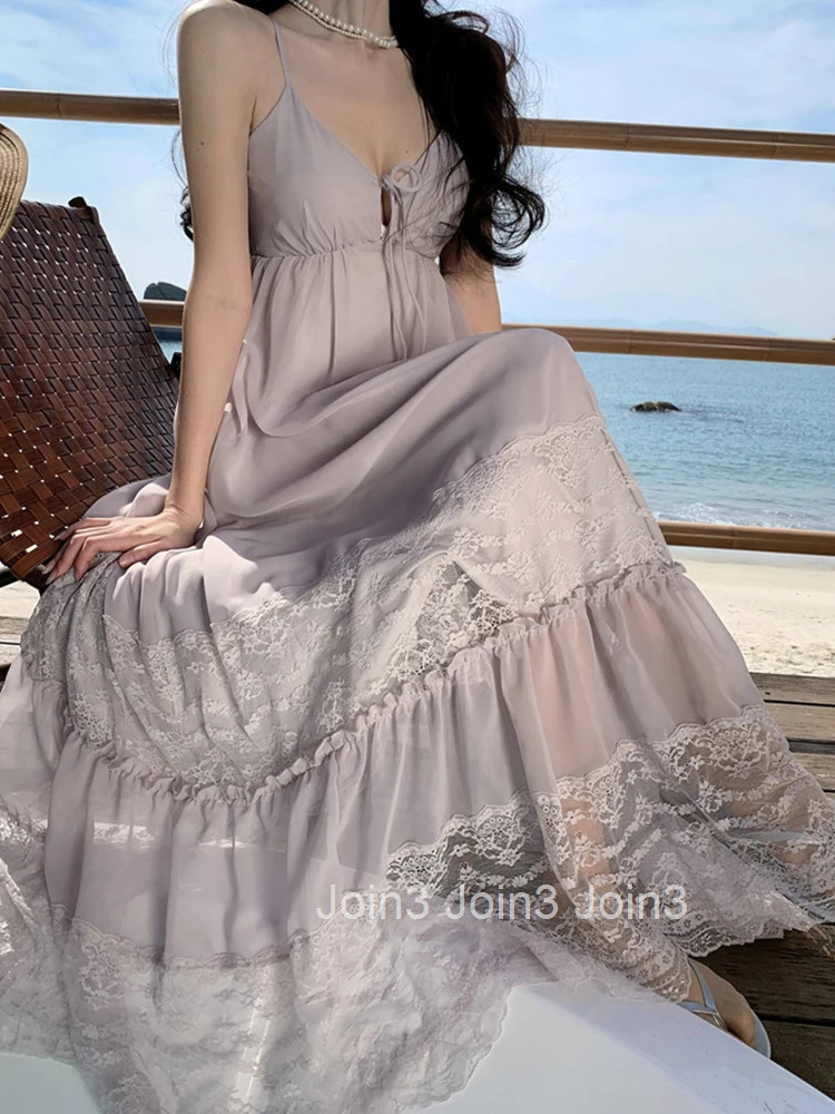 Women Clothes Sweet Lace Sexy Strap V-Neck Loose Maxi Long A-Line Dress Elegant Fashion Party Vestidos Fiesta Robe Vacation New