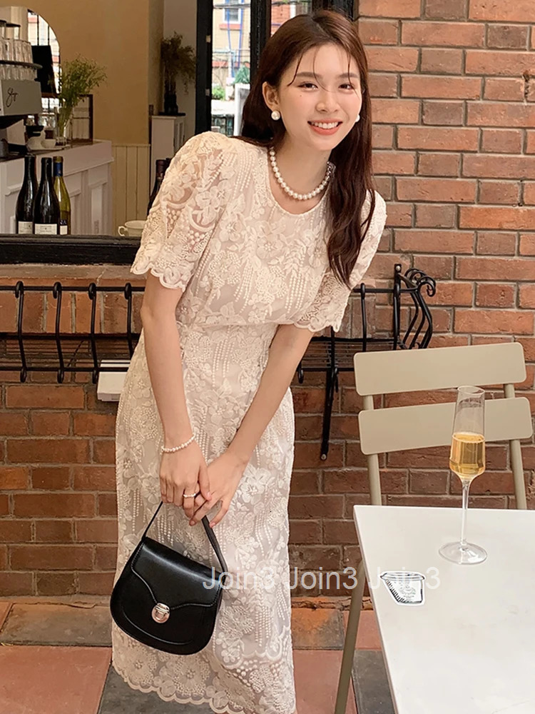 Summer Long Dress For Women Elegant Preppy Lace Embroidery O-Neck Puff Sleeve Slim Midi Robe Femme Mujer Vestidos Street Clothes