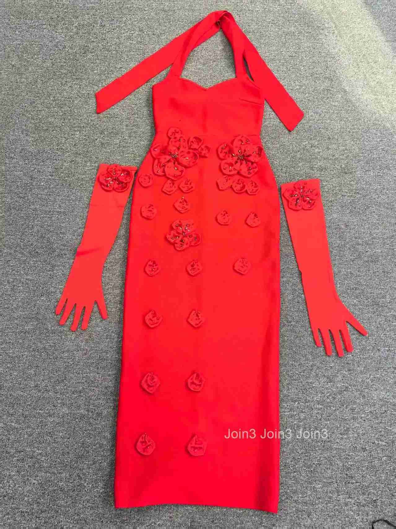 Womens 2 Color Bandage Halter Dress with 3D Flower Embellishments Sexy Red Evening Gown with Long Gloves Prom Party Dress