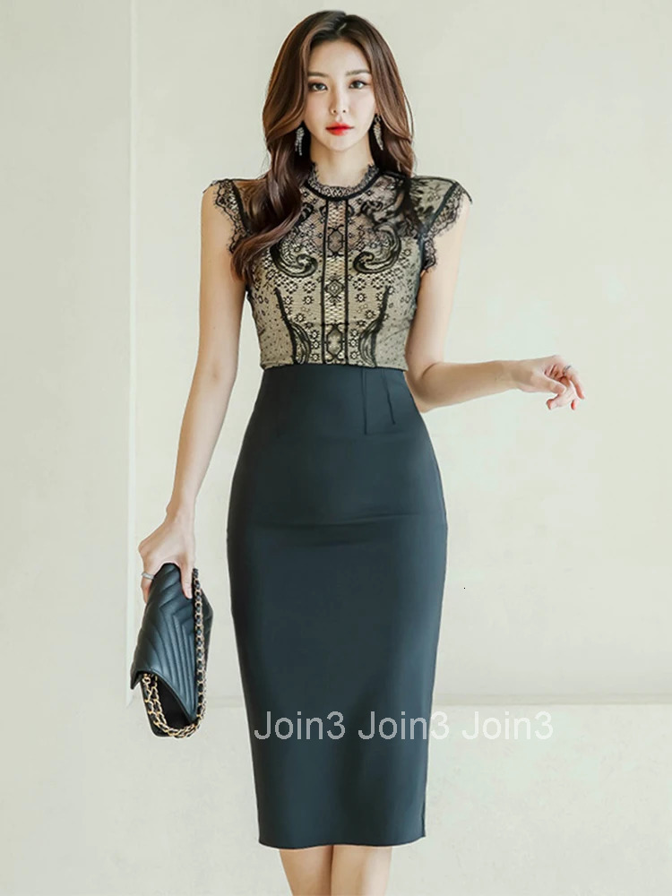 New Summer Elegant Women Dress Lady Black Lace Stitching Sexy Sleeveless Wrap Hip Midi Pencil Party Mujer Vestido Street Clothes