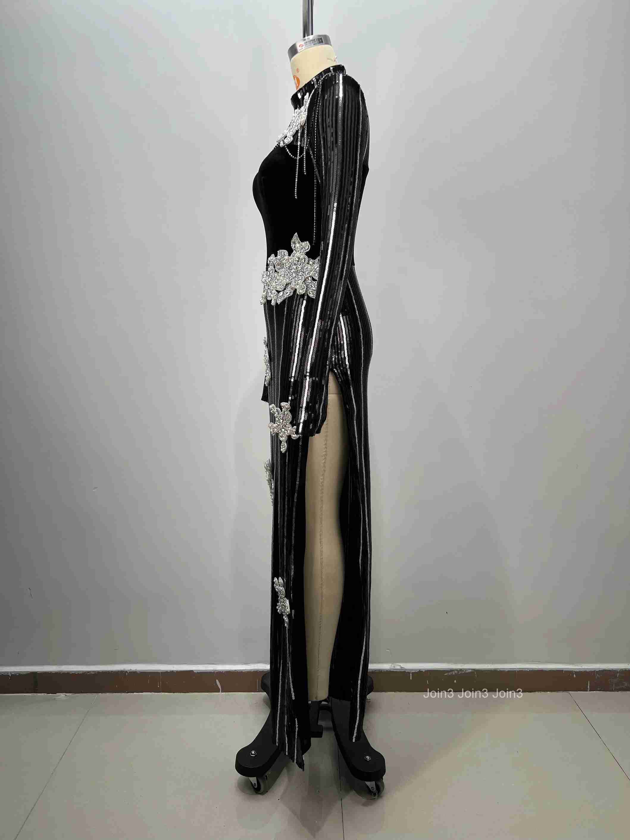 Bandage Sequin Dress with Crystal Flower Embellishments Sexy Long Sleeve High Slit Evening Gown Women Glitter Black Party Dress