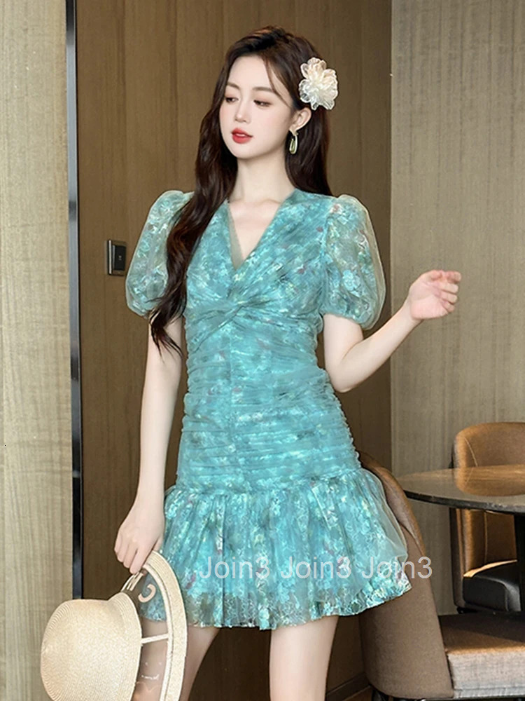 Summer Fashion Blue Mesh Floral Print V-Neck Mermaid Short Dress Women Clothes Sweet Puff Sleeve Skinny Folds Party Prom Vestido