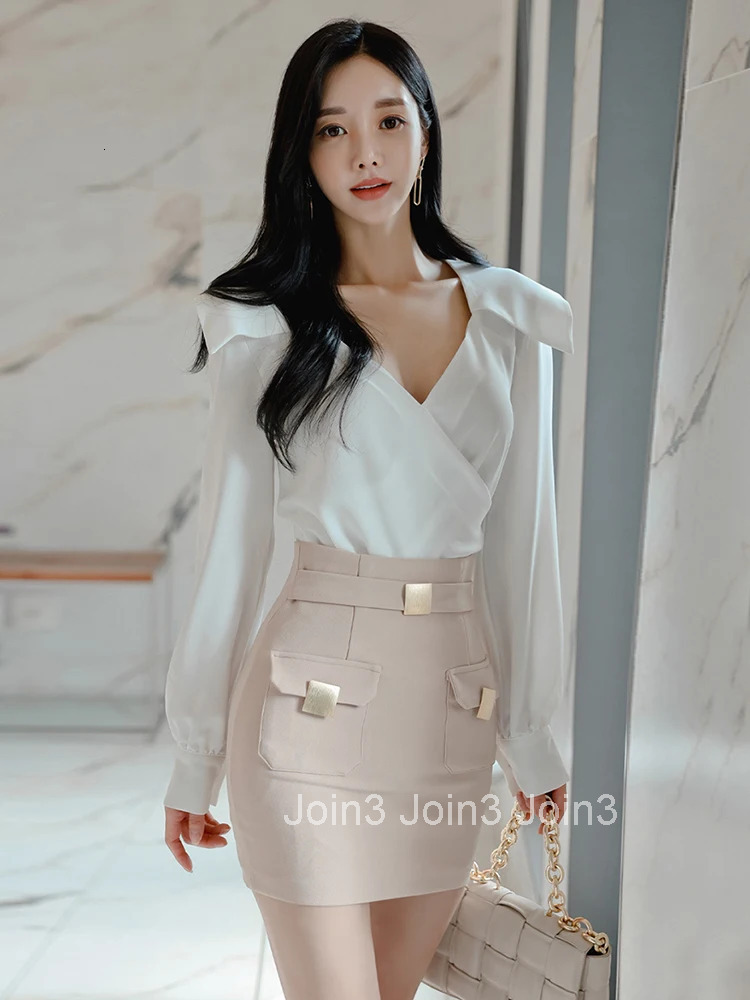 New Spring Autumn Sexy 2 Pieces Outfits Elegant Women Chic White V-Neck Tops Shirt Blouse Femme High Waist Mini Skirt Mujer Sets