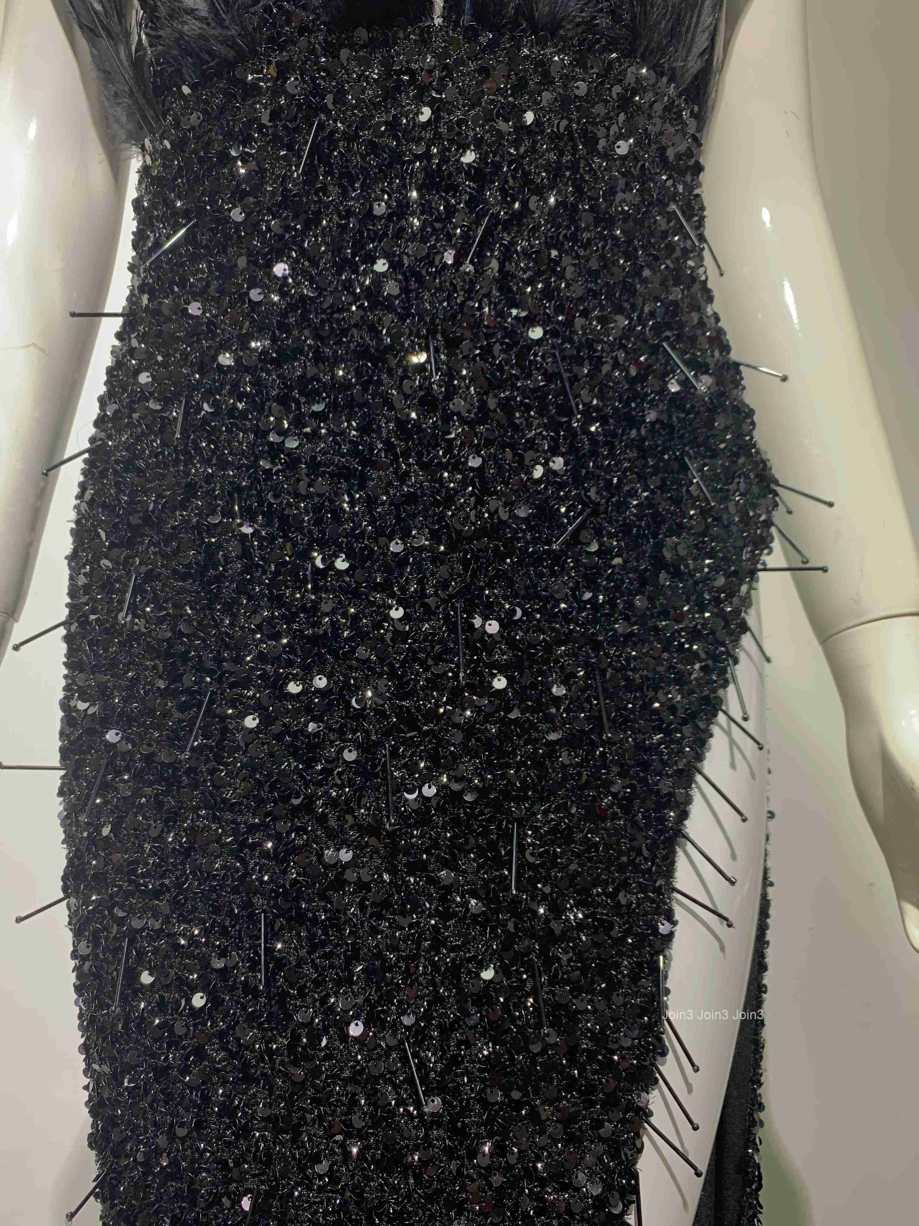 Newest Womens Bra Low Neck Sequin Feather Sleeveless Dress with High Slit Black Red-Carpet Evening Fishtail Clothing for Ladies