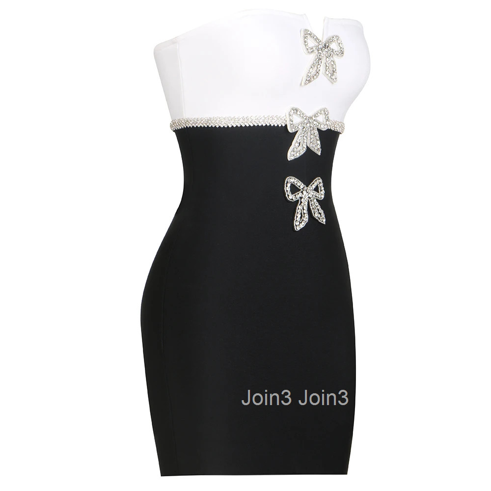 New Women Chest Wrapping Style Backless Bandage Dress Black and White Color Matching Diamond Embellished Bow Evening Party Gown