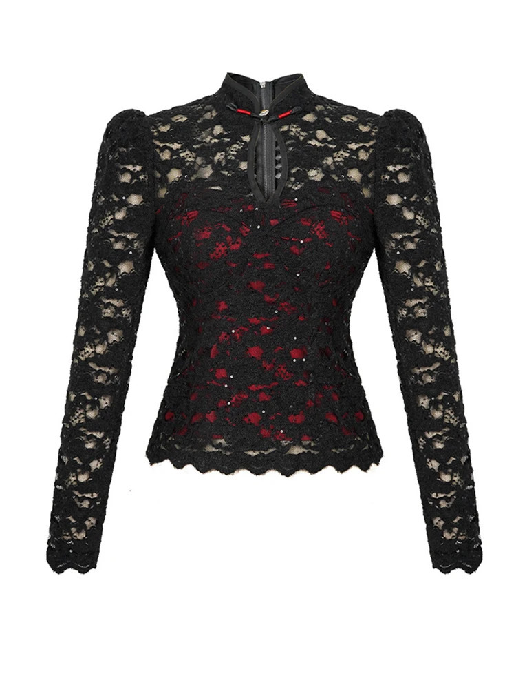 Fashion Spring Black Lace Sequin T-Shirt Women Clothing Elegant Chic Blouse Hollow Sheer Sexy Long Sleeve Female Inner-Match Top