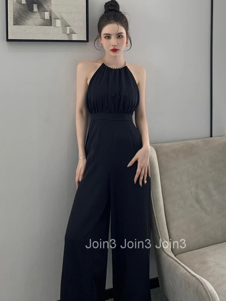 Korean Women One Piece Jumpsuits Black Vintage Sexy Chain Halter High Waist Party Club Lady Mujer Wide Leg Loose Rompers Summer